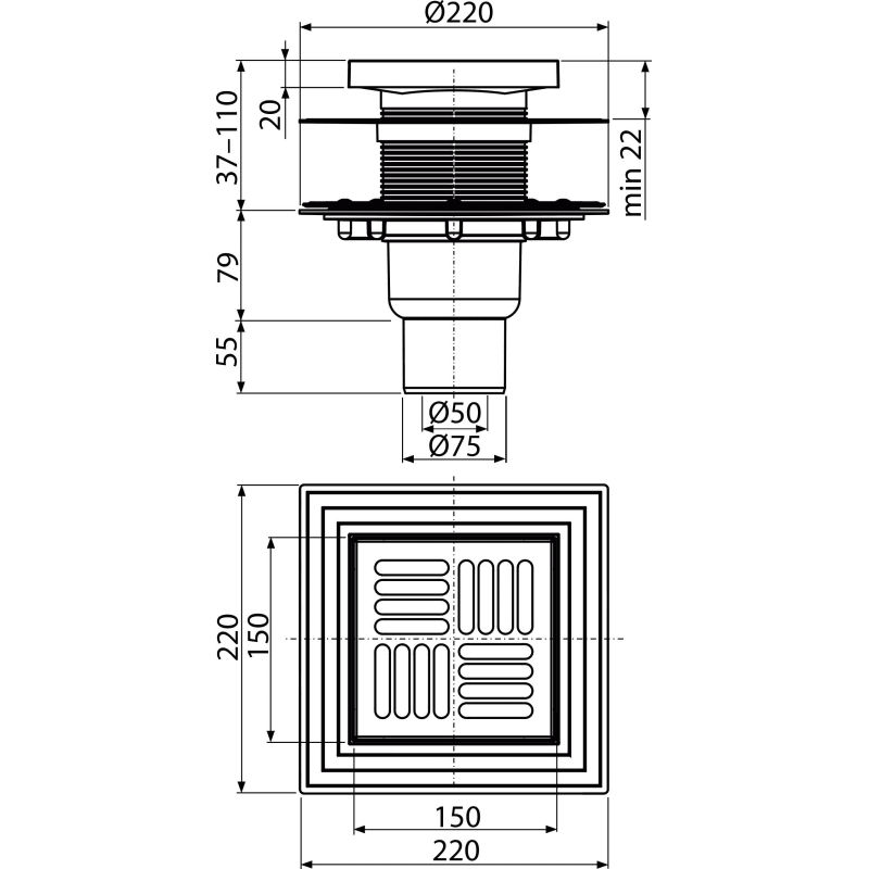 Душевой трап AlcaDrain (AlcaPlast) APV4444 150×150/50/75 мм прямой сток решетка из нержавеющей стали фланец из нержавеющей стали воротник изоляции 2–го уровня гидрозатвор сухой и мокрый
