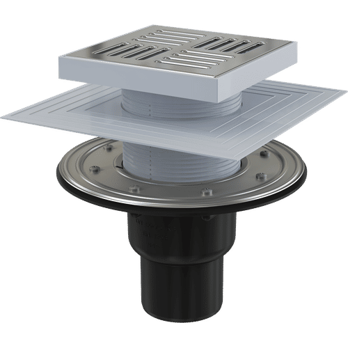 Душевой трап AlcaDrain (AlcaPlast) APV4444 150×150/50/75 мм прямой сток решетка из нержавеющей стали фланец из нержавеющей стали воротник изоляции 2–го уровня гидрозатвор сухой и мокрый