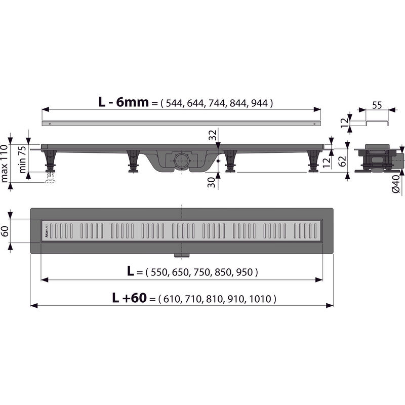 Душевой лоток AlcaDrain (AlcaPlast) APZ10-550M перфорированная решетка