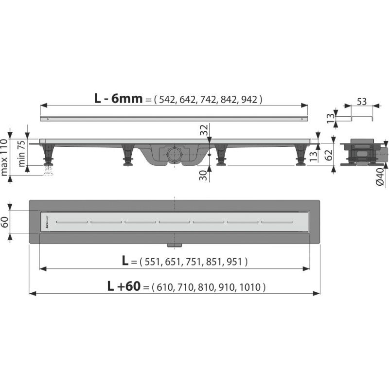 Душевой лоток AlcaDrain (AlcaPlast) APZ18-750M перфорированная решетка