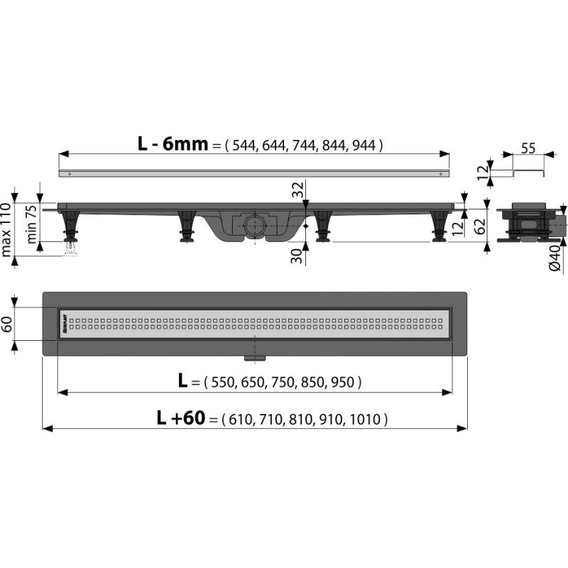 Душевой лоток AlcaDrain (AlcaPlast) APZ9-650M перфорированная решетка