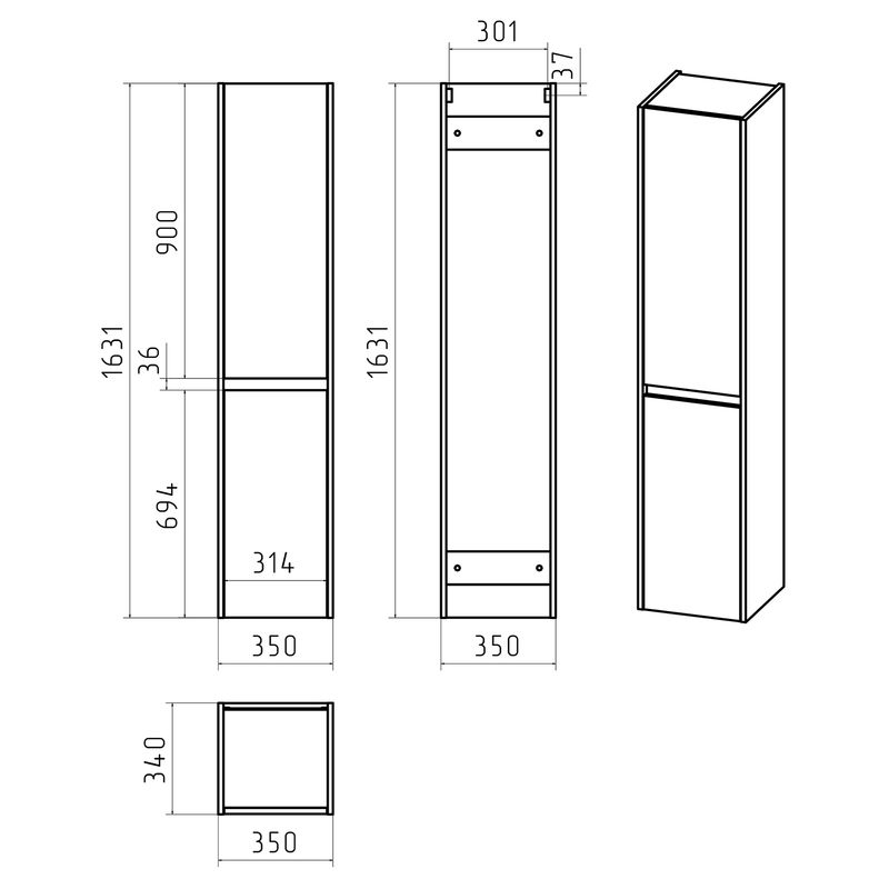 Шкаф-пенал для ванной Brevita Balaton 35 правый / BAL-05035-01-2П белый