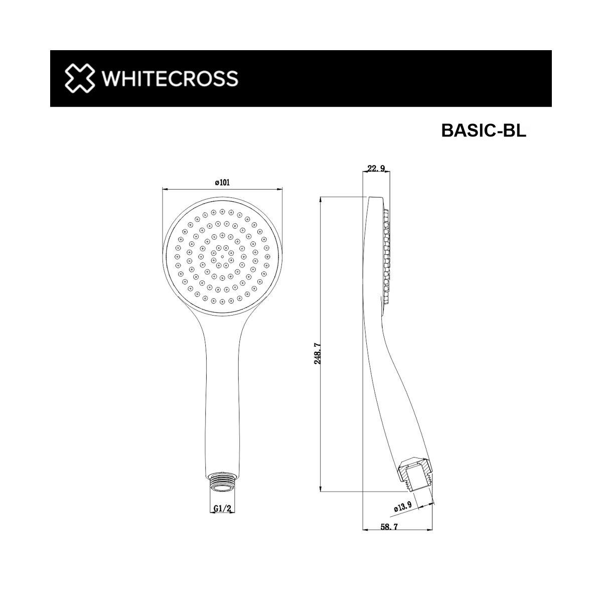 Душевая лейка 1 режим WHITECROSS BASIC-BL (черный мат)