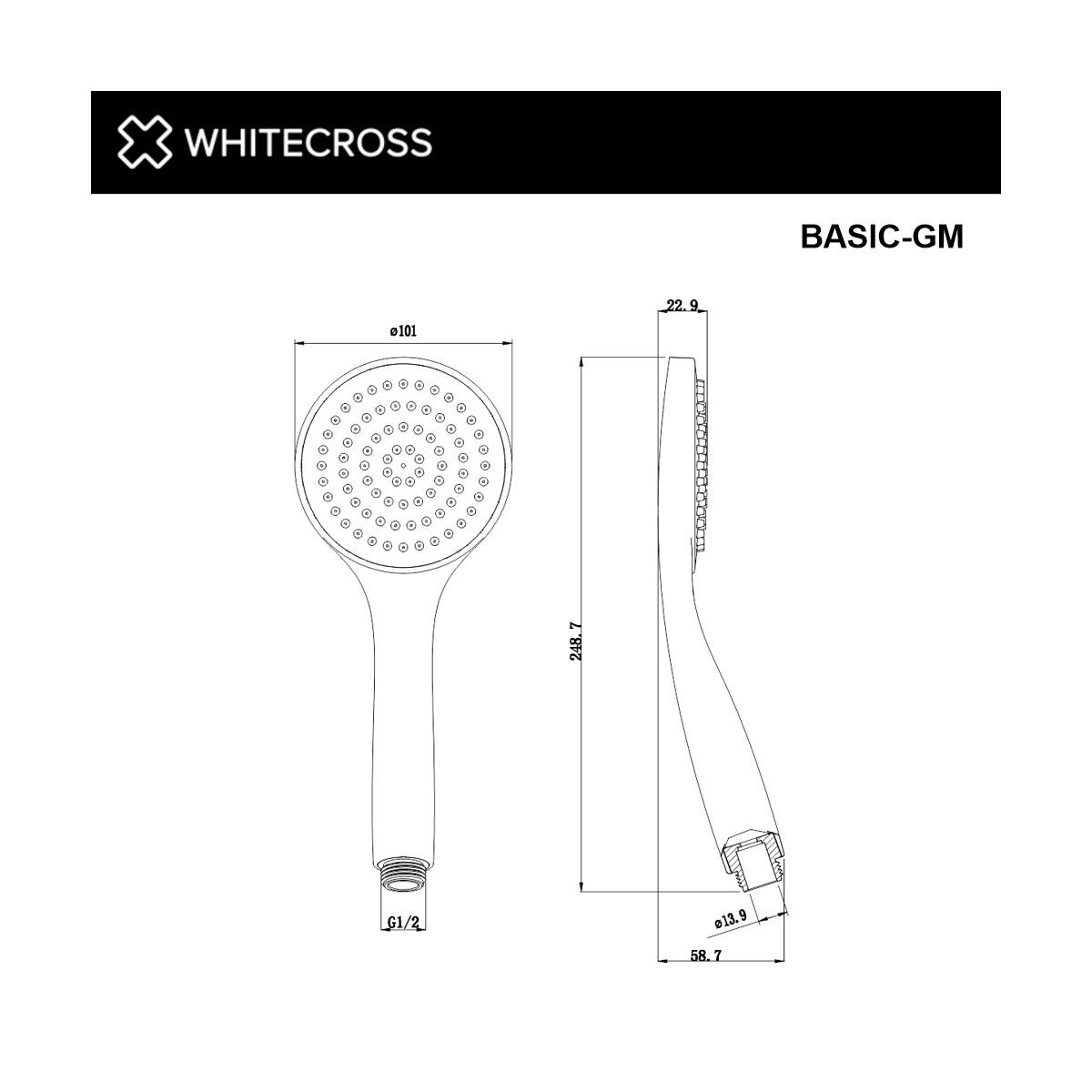 Душевая лейка 1 режим WHITECROSS BASIC-GM (оружейная сталь)
