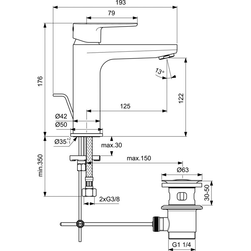 Смеситель для раковины Ideal Standard Cerafine Model O BC699XG с донным клапаном (черный матовый)