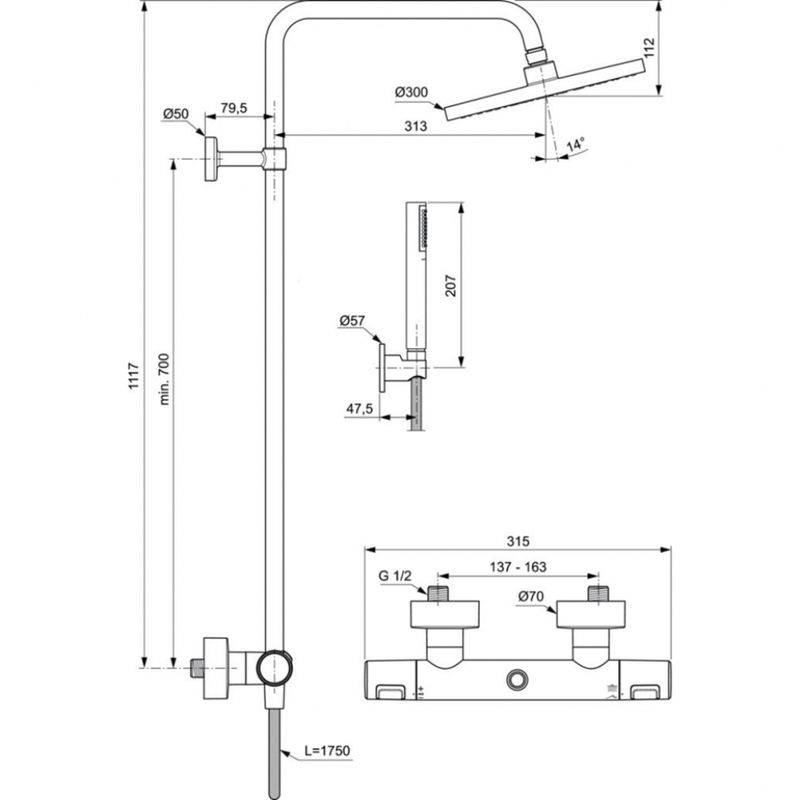 Душевая система Ideal Standard Ceratherm T25 черный матовый с термостатом