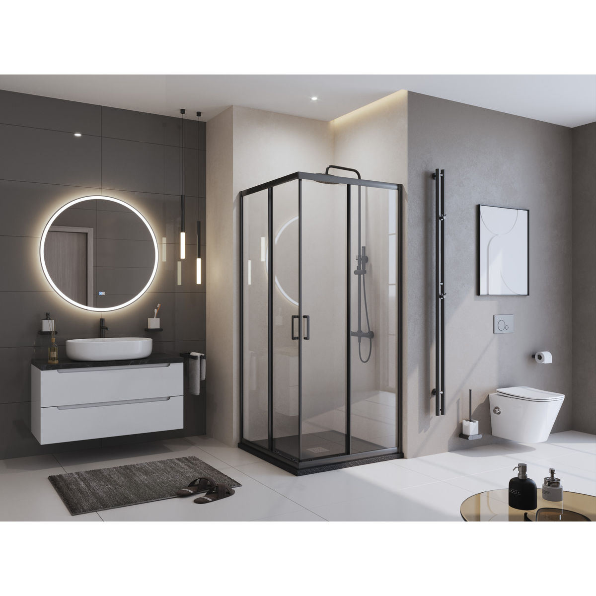 Душевой поддон из искусственного мрамора в комплекте с сифоном BelBagno UNO TRAY-MR-UNO-A-90-35-NERO-CR