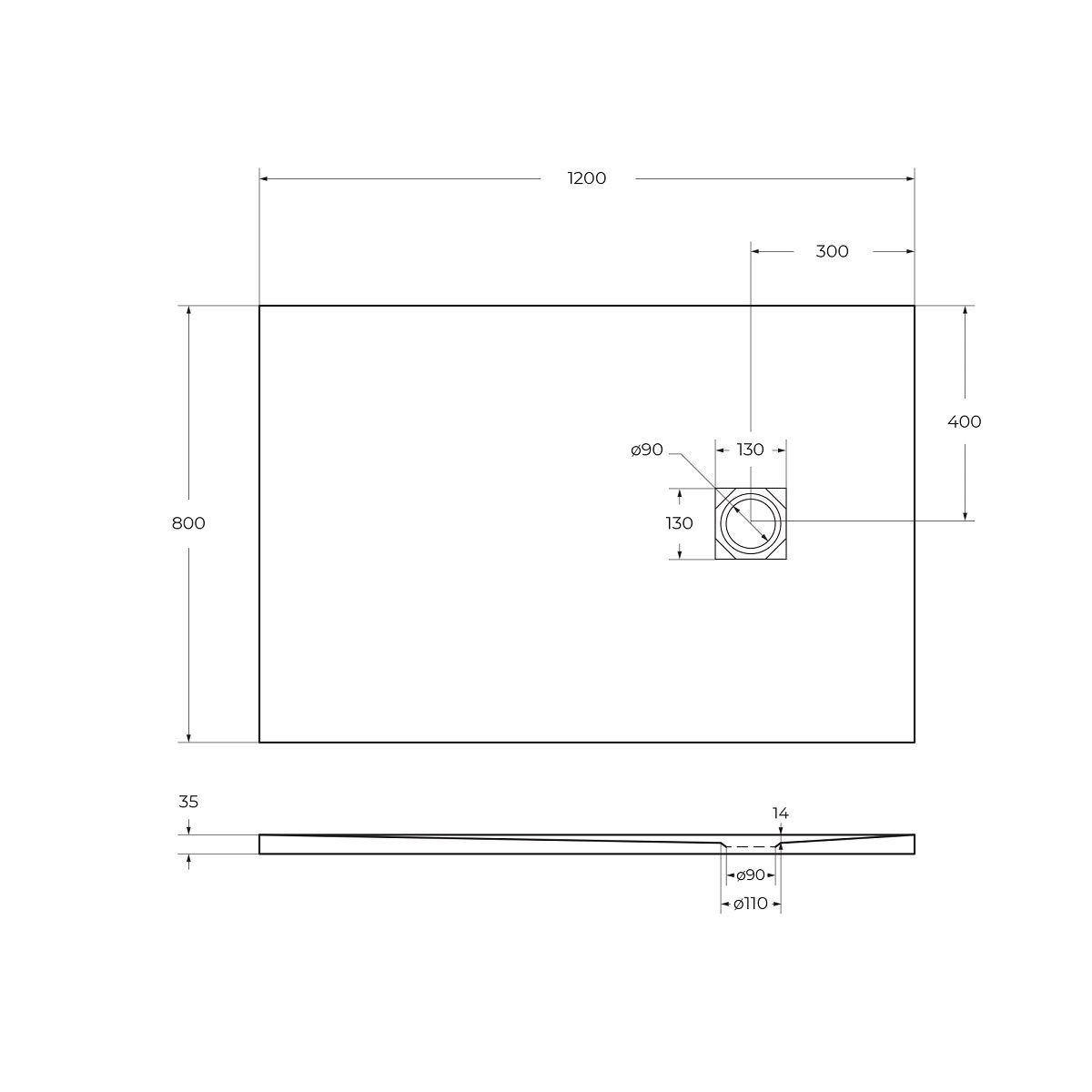 Душевой поддон из искусственного мрамора в комплекте с сифоном BelBagno UNO TRAY-MR-UNO-AH-120/80-35-NERO-CR