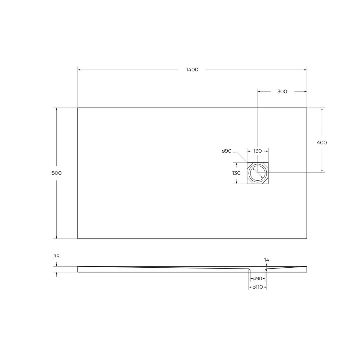Душевой поддон из искусственного мрамора в комплекте с сифоном BelBagno UNO TRAY-MR-UNO-AH-140/80-35-W-CR