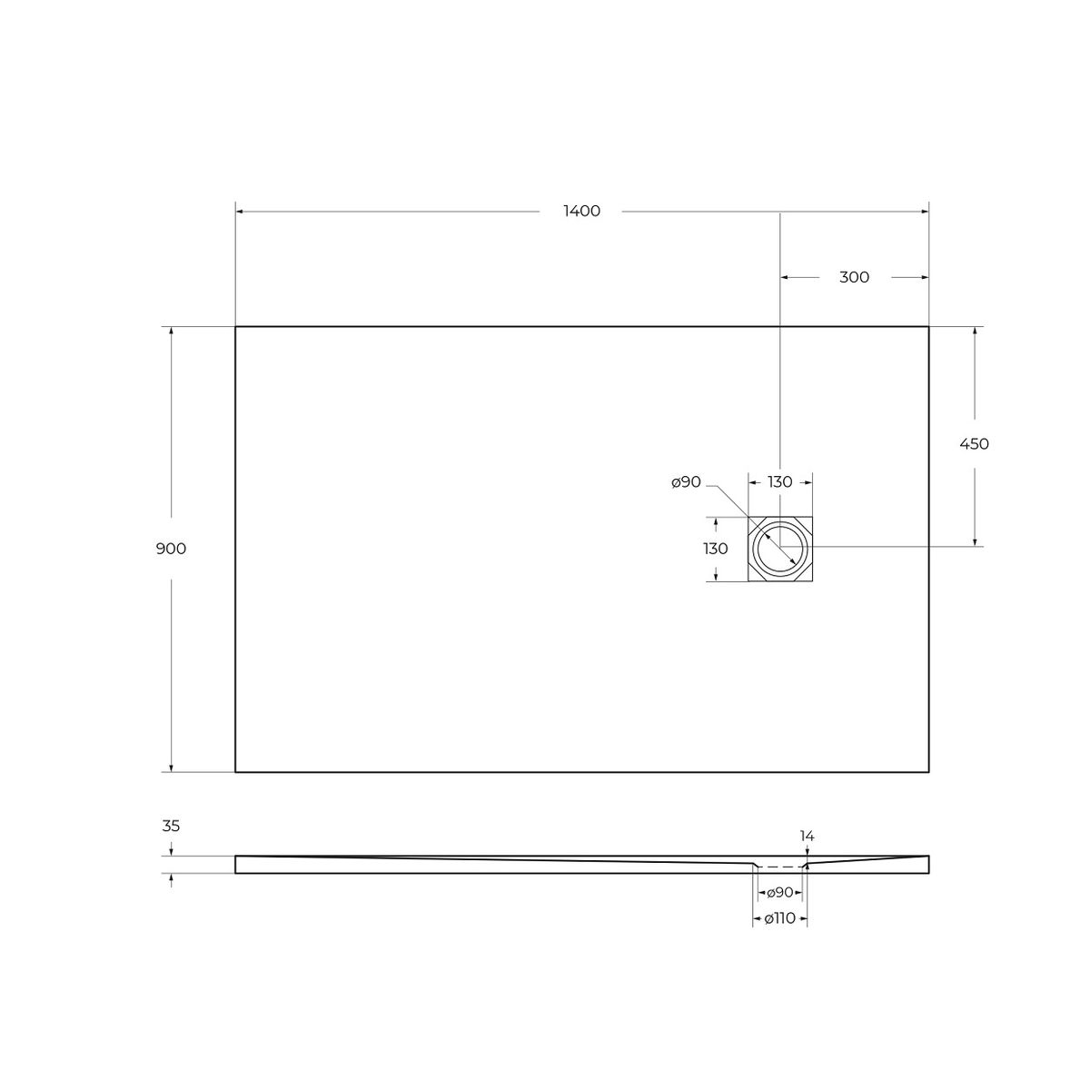 Душевой поддон из искусственного мрамора в комплекте с сифоном BelBagno UNO TRAY-MR-UNO-AH-140/90-35-W-CR