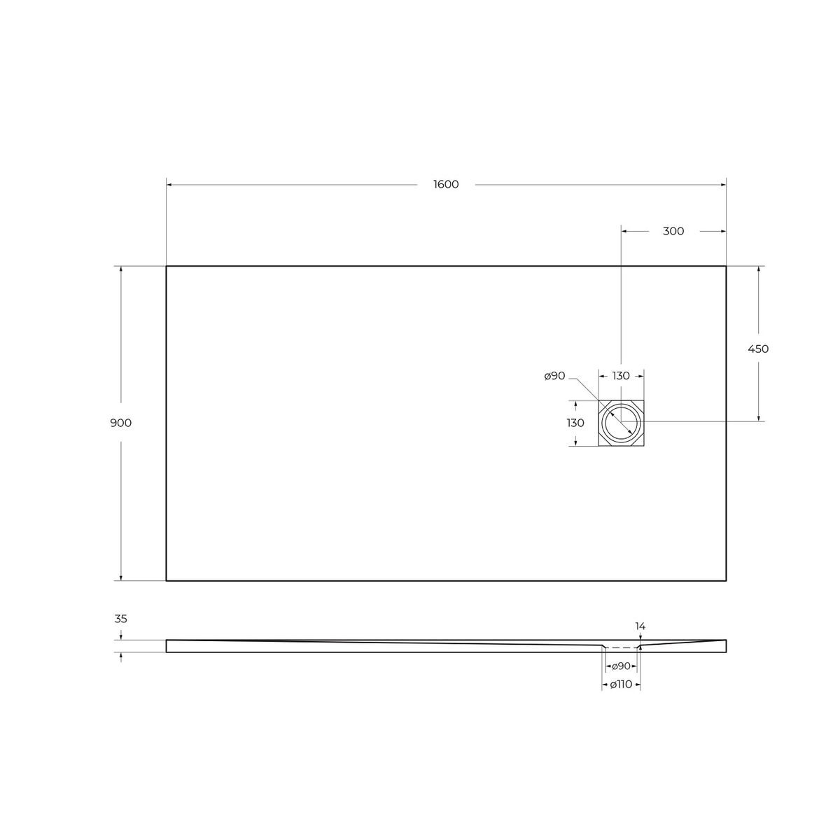 Душевой поддон из искусственного мрамора в комплекте с сифоном BelBagno UNO TRAY-MR-UNO-AH-160/90-35-W-CR