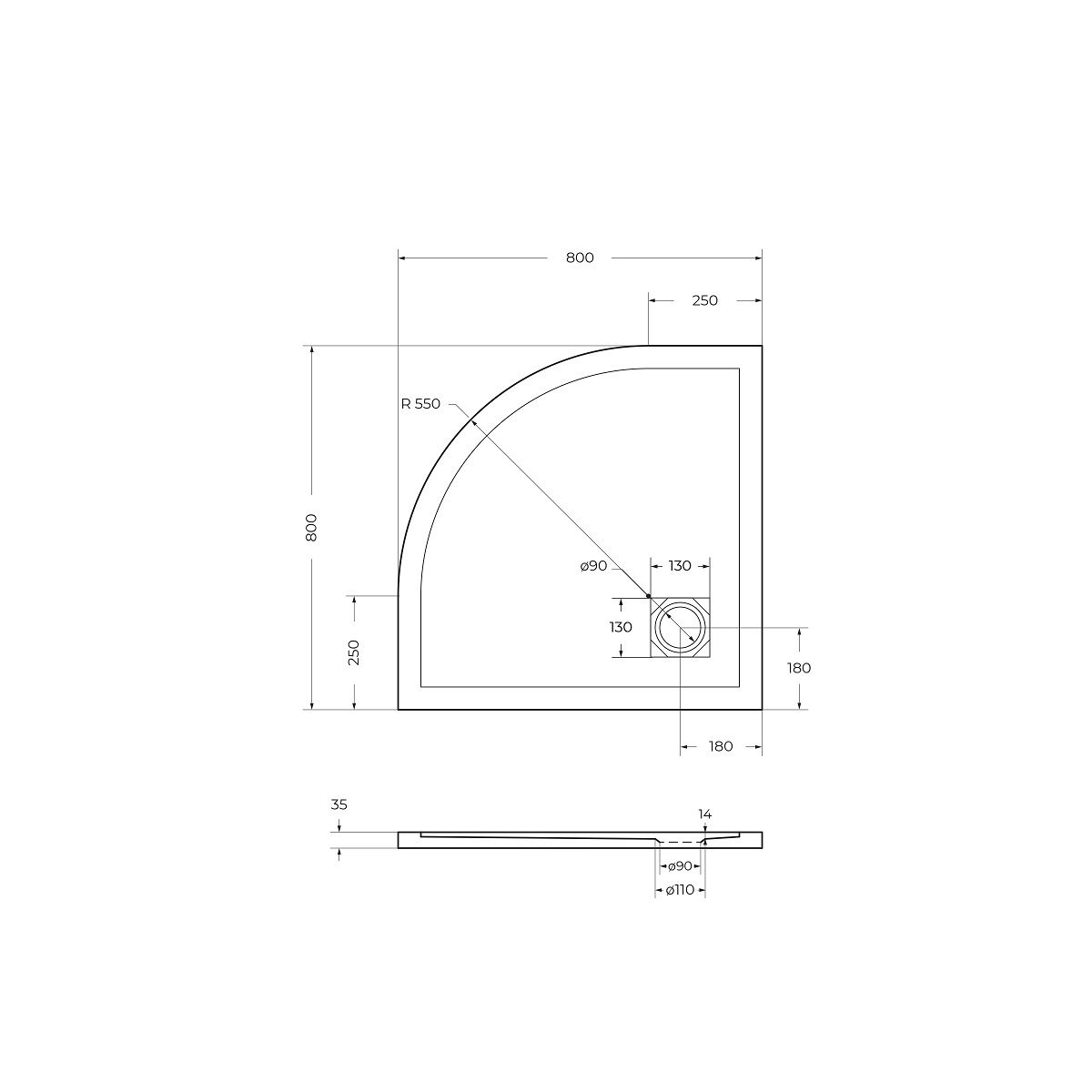Душевой поддон из искусственного мрамора в комплекте с сифоном BelBagno UNO TRAY-MR-UNO-R-80-550-35-W-CR