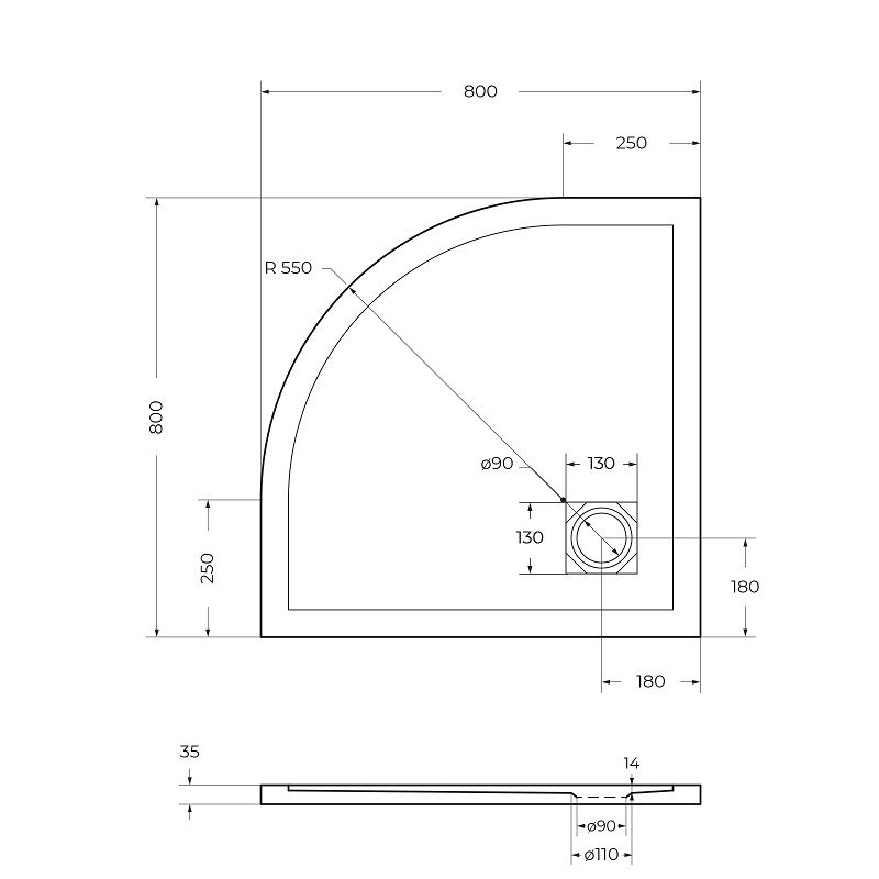 Душевой поддон BelBagno UNO TRAY-MR-UNO-R-80-550-35-W-CR из искусственного мрамора с сифоном
