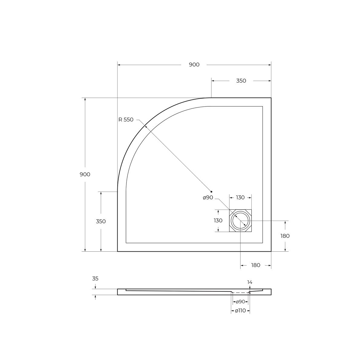 Душевой поддон из искусственного мрамора в комплекте с сифоном BelBagno UNO TRAY-MR-UNO-R-90-550-35-W-CR