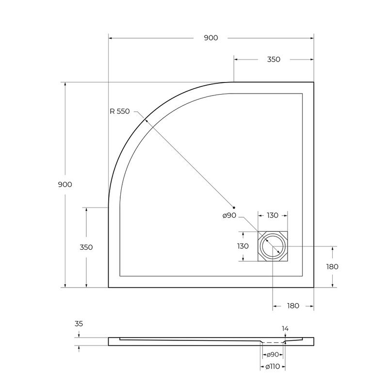 Душевой поддон BelBagno UNO TRAY-MR-UNO-R-90-550-35-W-CR из искусственного мрамора с сифоном