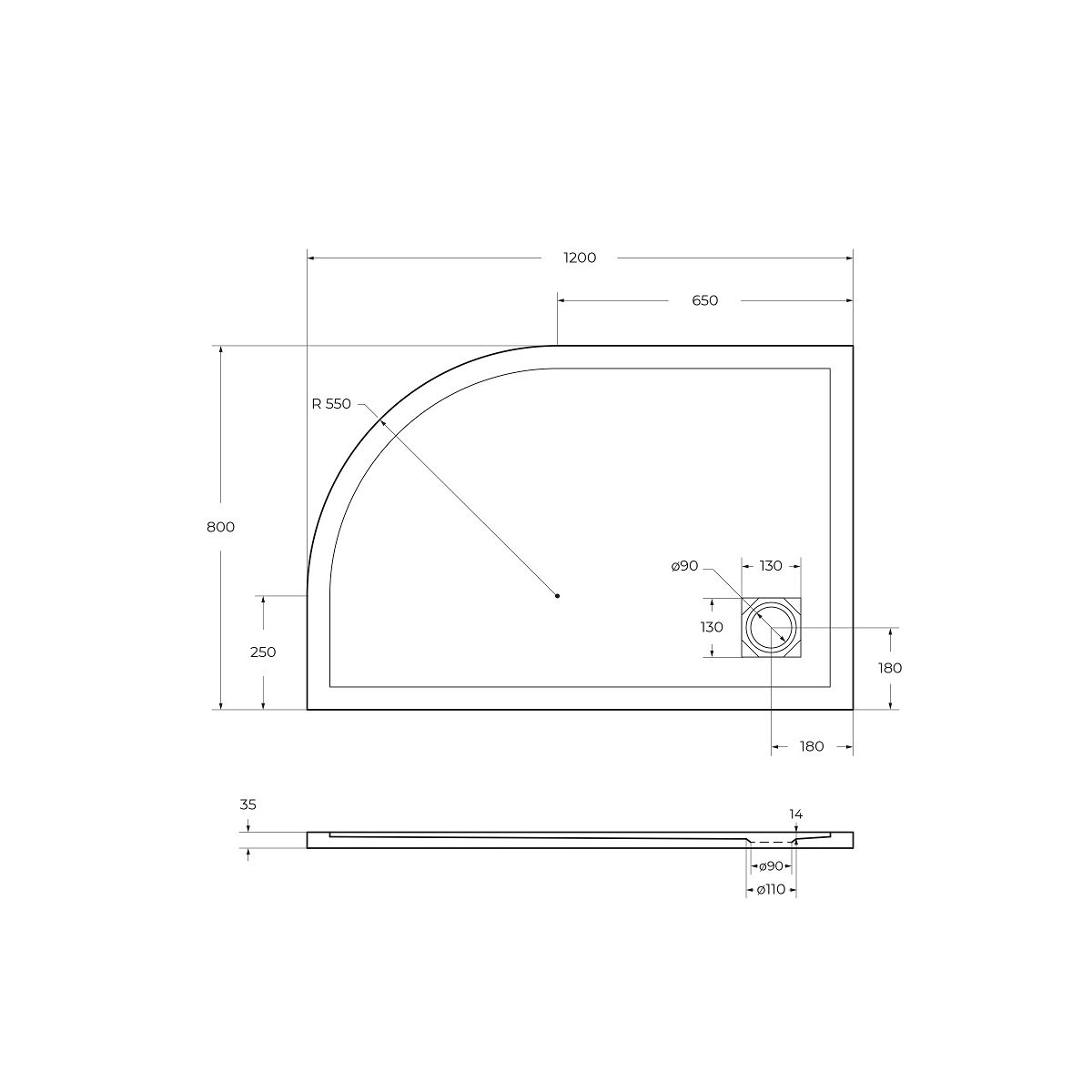 Душевой поддон из искусственного мрамора в комплекте с сифоном BelBagno UNO TRAY-MR-UNO-RH-120/80-550-35-W-L-CR