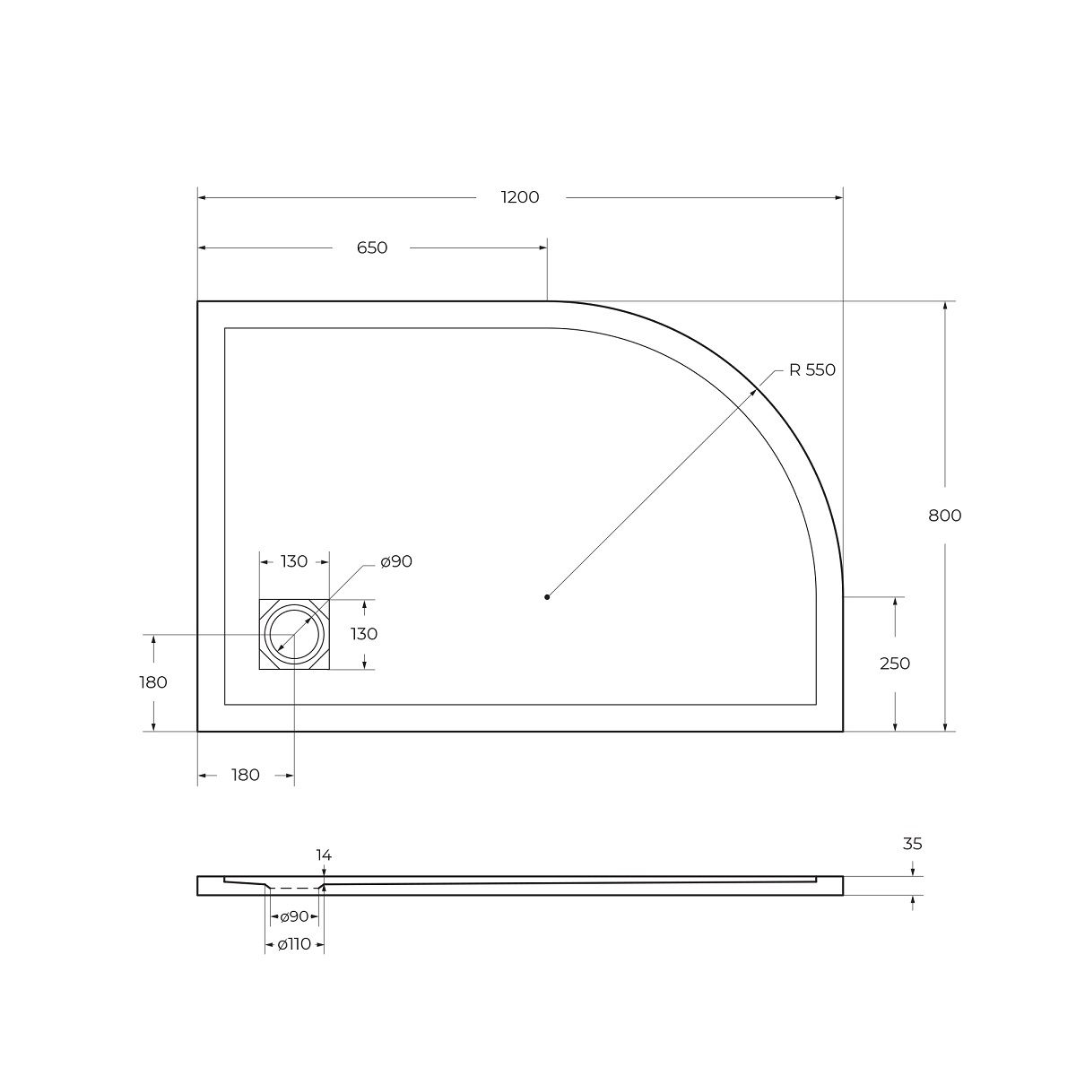 Душевой поддон из искусственного мрамора в комплекте с сифоном BelBagno UNO TRAY-MR-UNO-RH-120/80-550-35-W-R-CR