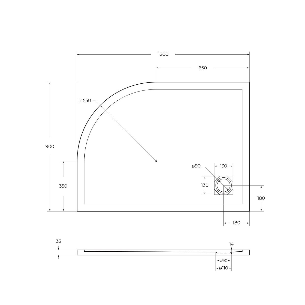 Душевой поддон из искусственного мрамора в комплекте с сифоном BelBagno UNO TRAY-MR-UNO-RH-120/90-550-35-W-L-CR