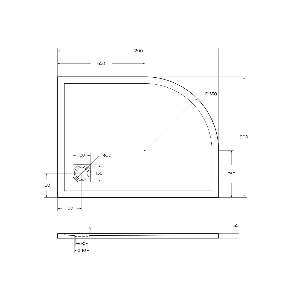 Душевой поддон из искусственного мрамора в комплекте с сифоном BelBagno UNO TRAY-MR-UNO-RH-120/90-550-35-W-R-CR