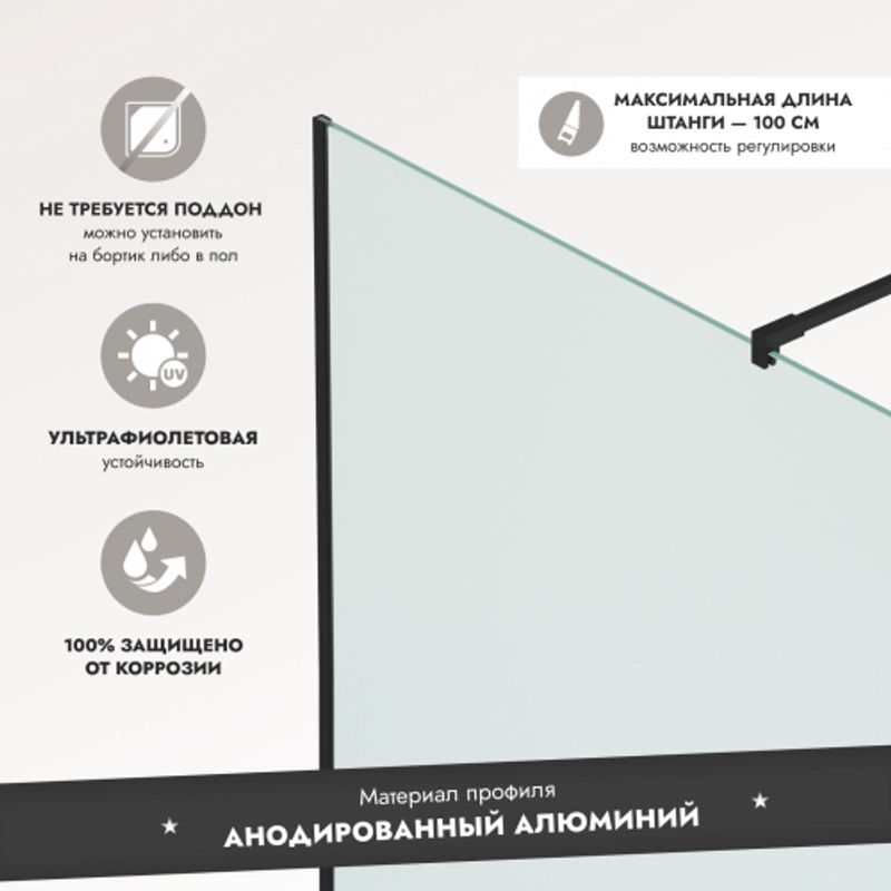 Душевая перегородка Benetto Walk In 2000х1000 BLACK