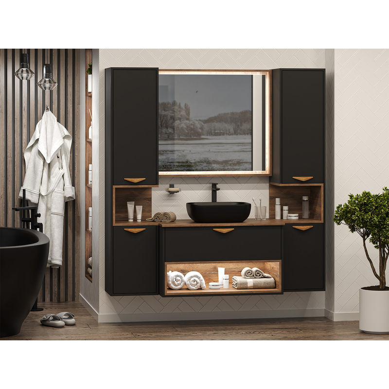Шкаф-пенал для ванной Brevita Bergen 35 подвесной правый / BER-05035-02-19-ПоП черный/темное дерево