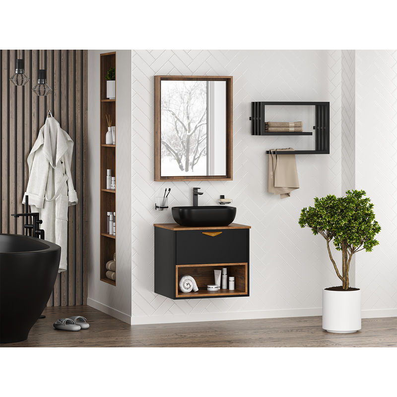Тумба под раковину Brevita Bergen 60 подвесная с подсветкой 1 ящ. / BER-07060-19-02-1Я черный/темное дерево