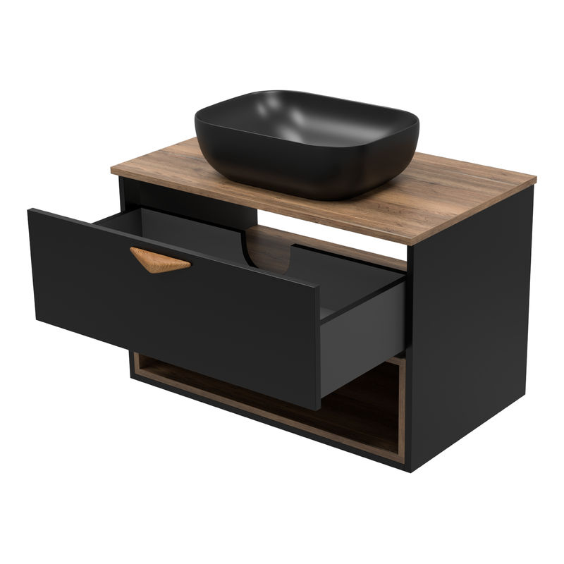 Тумба под раковину Brevita Bergen 80 подвесная с подсветкой 1 ящ. / BER-07080-19-02-1Я черный/темное дерево