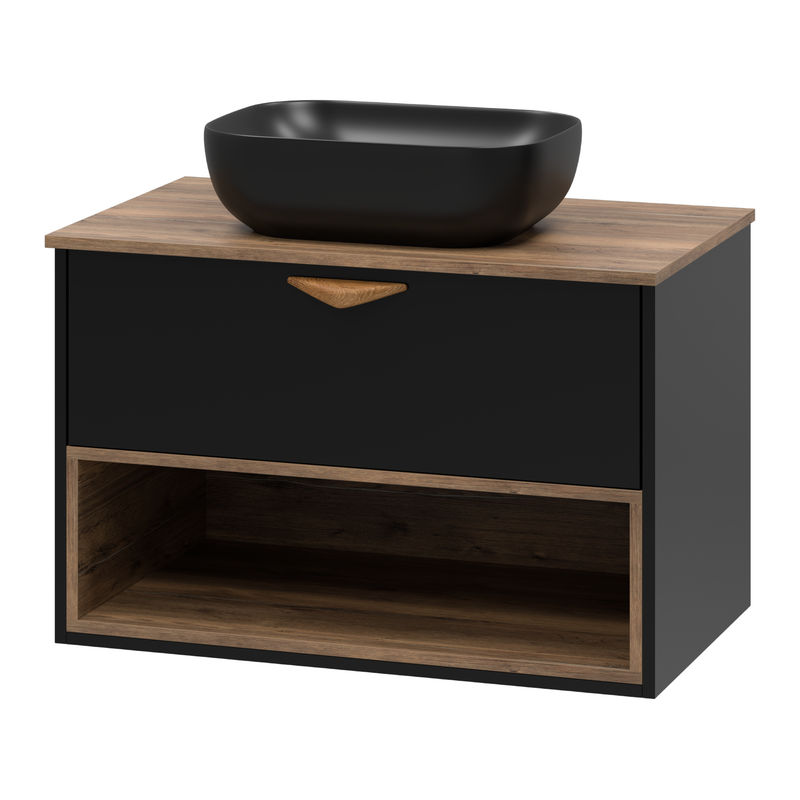 Тумба под раковину Brevita Bergen 80 подвесная с подсветкой 1 ящ. / BER-07080-19-02-1Я черный/темное дерево