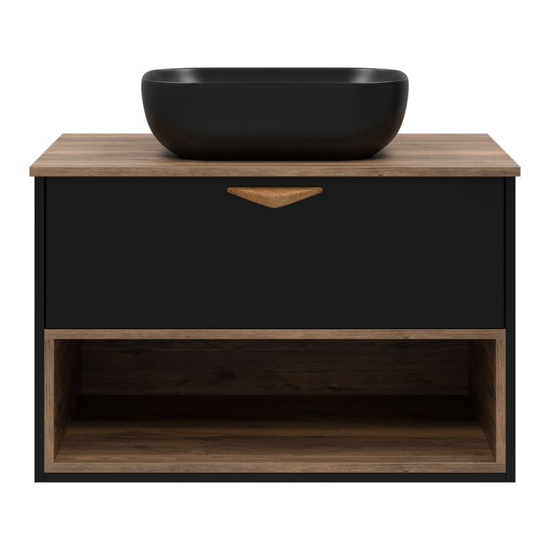 Тумба под раковину Brevita Bergen 80 подвесная с подсветкой 1 ящ. / BER-07080-19-02-1Я черный/темное дерево