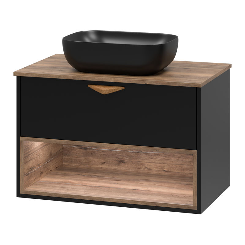 Тумба под раковину Brevita Bergen 80 подвесная с подсветкой 1 ящ. / BER-07080-19-02-1Я черный/темное дерево