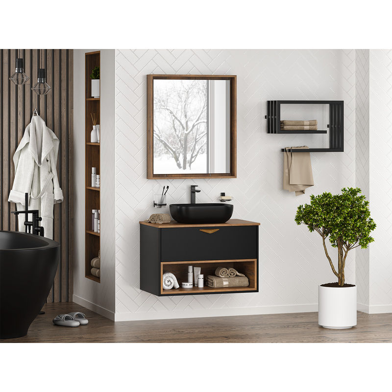 Тумба под раковину Brevita Bergen 80 подвесная с подсветкой 1 ящ. / BER-07080-19-02-1Я черный/темное дерево