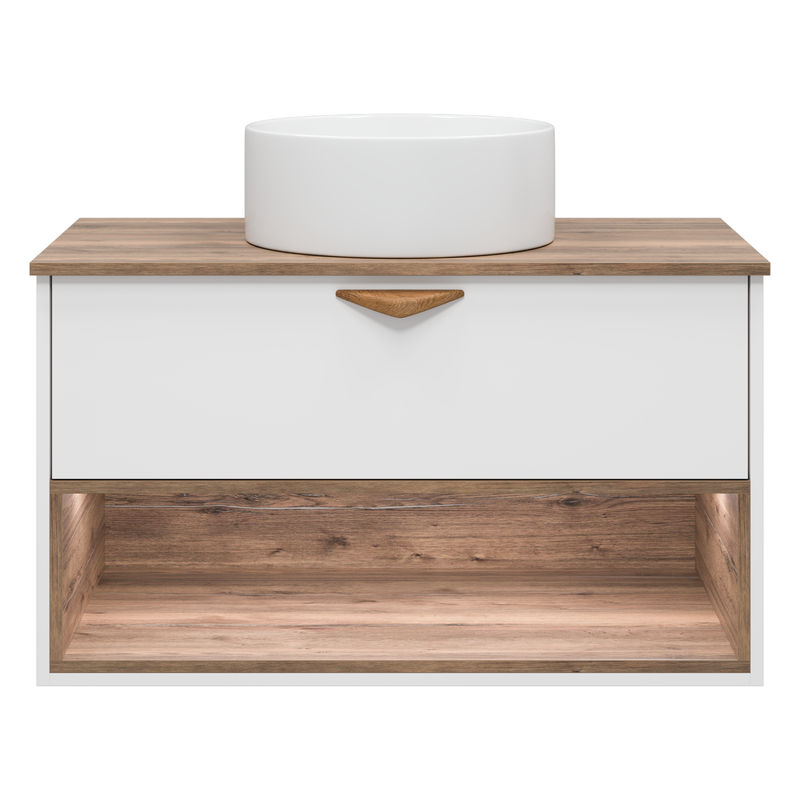 Тумба под раковину Brevita Bergen 90 подвесная с подсветкой 1 ящ. / BER-07090-19-01-1Я белый/темное дерево