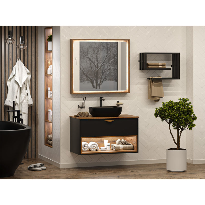 Тумба под раковину Brevita Bergen 90 подвесная с подсветкой 1 ящ. / BER-07090-19-02-1Я черный/темное дерево