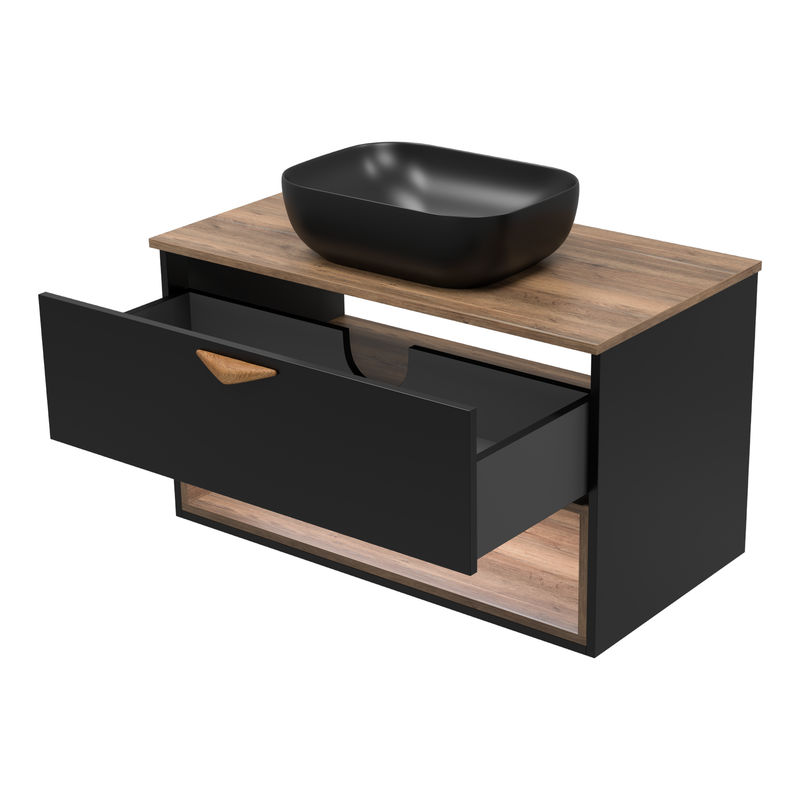 Тумба под раковину Brevita Bergen 90 подвесная с подсветкой 1 ящ. / BER-07090-19-02-1Я черный/темное дерево