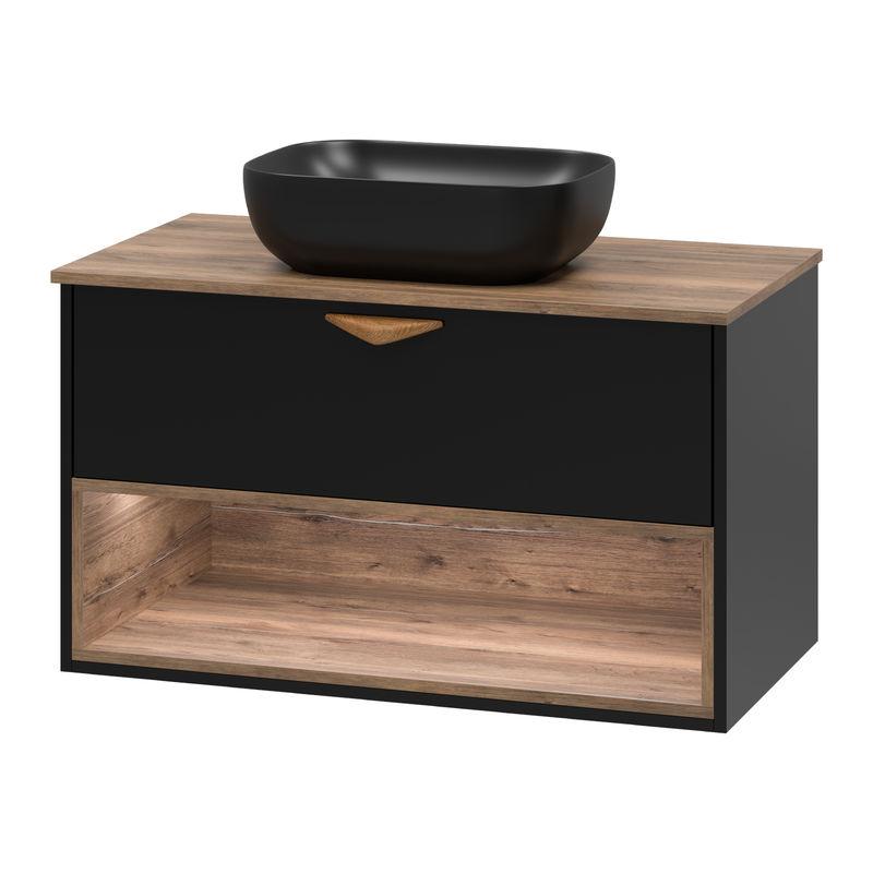 Тумба под раковину Brevita Bergen 90 подвесная с подсветкой 1 ящ. / BER-07090-19-02-1Я черный/темное дерево