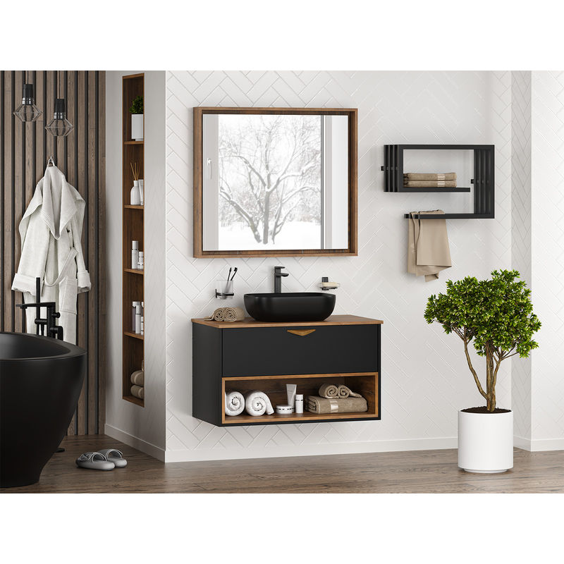 Тумба под раковину Brevita Bergen 90 подвесная с подсветкой 1 ящ. / BER-07090-19-02-1Я черный/темное дерево