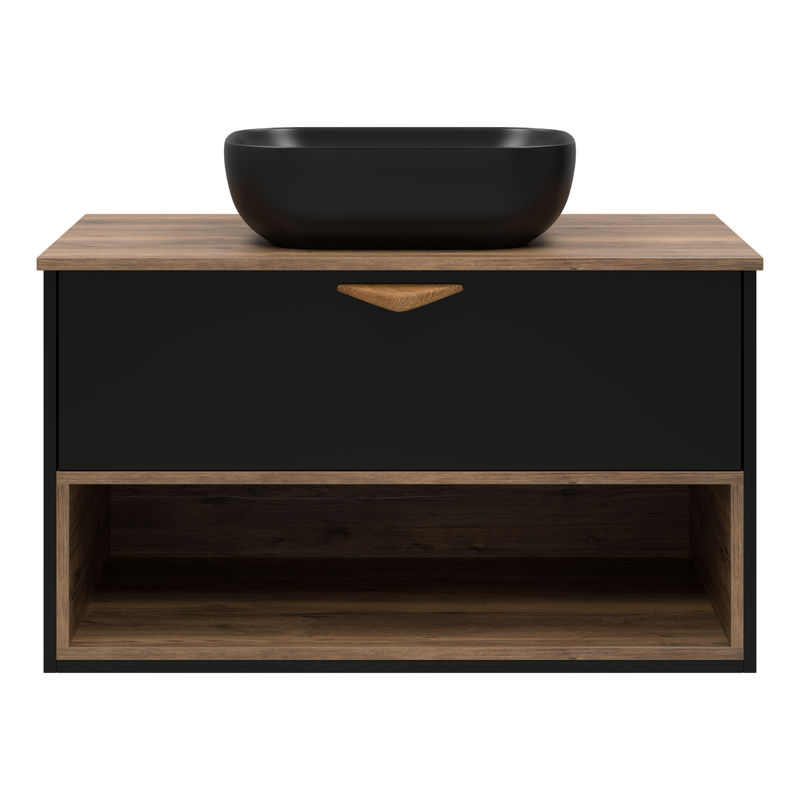 Тумба под раковину Brevita Bergen 90 подвесная с подсветкой 1 ящ. / BER-07090-19-02-1Я черный/темное дерево