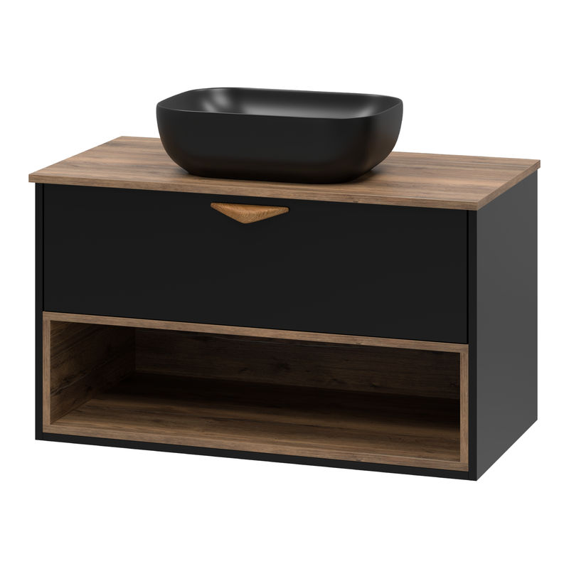 Тумба под раковину Brevita Bergen 90 подвесная с подсветкой 1 ящ. / BER-07090-19-02-1Я черный/темное дерево