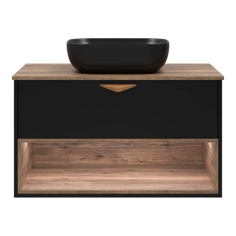 Тумба под раковину Brevita Bergen 90 подвесная с подсветкой 1 ящ. / BER-07090-19-02-1Я черный/темное дерево