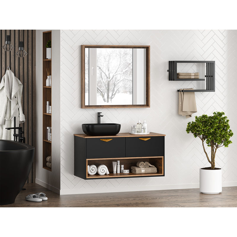 Тумба под раковину Brevita Bergen 105 подвесная с подсветкой 2 ящ. / BER-07105-19-02-2Я черный/темное дерево