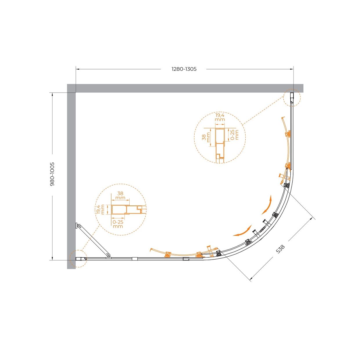 Душевой уголок CEZARES MOLVENO-RH-2-130/100-C-BORO-IV
