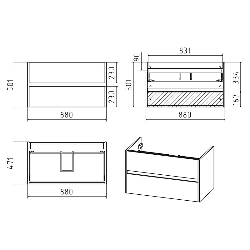 Тумба под раковину Misty Алиса 90 тумба 2 ящ. подвесная / Э-Али01090-011П2Я белая эмаль