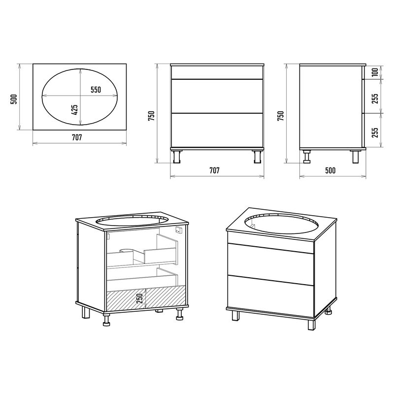 Тумба под раковину Brevita Enfida 70 напольная 2 ящ. / ENF-06070-0342Я бежевая матовая эмаль