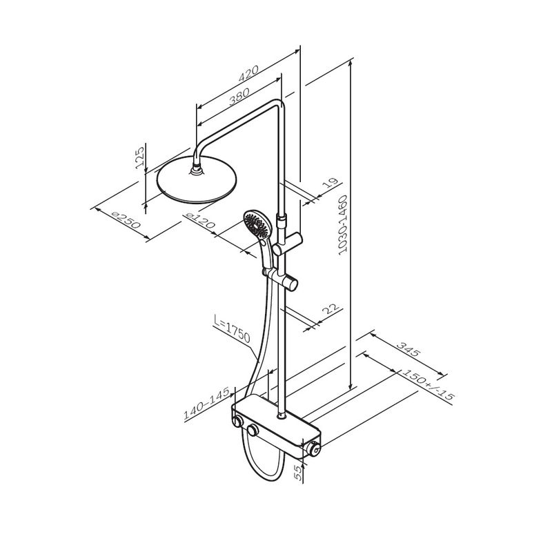 F0750A422 Inspire V2.0, душевая система, набор: см-ль д/душа с термостатом, верхний душ d 250 мм, ру