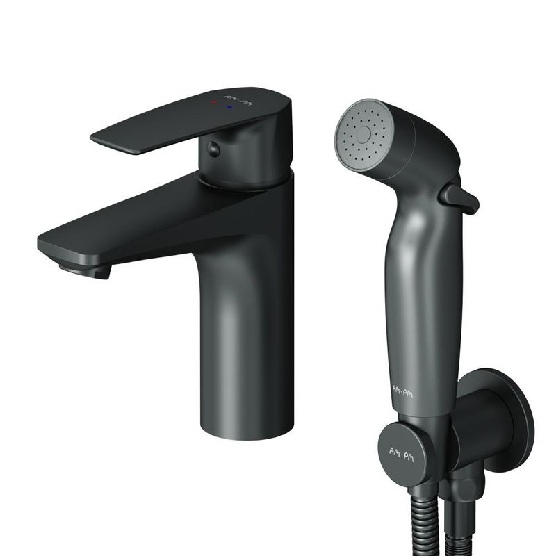 Смеситель для умывальника AM.PM Gem F90A03022 с гигиеническим душем, черный мат.