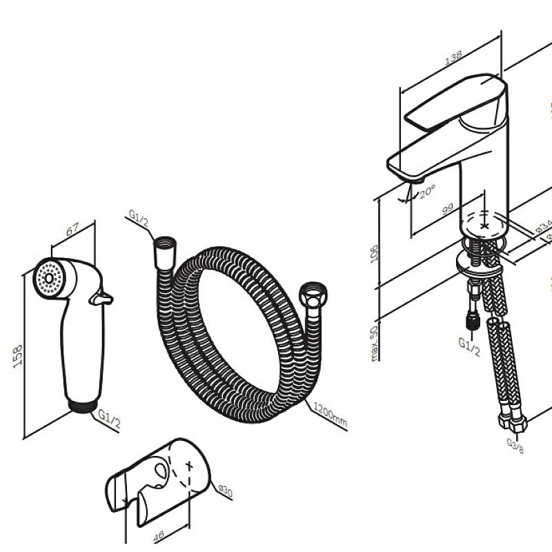 Смеситель для раковины AM.PM Gem F90A03022 с гигиеническим душем, черный матовый