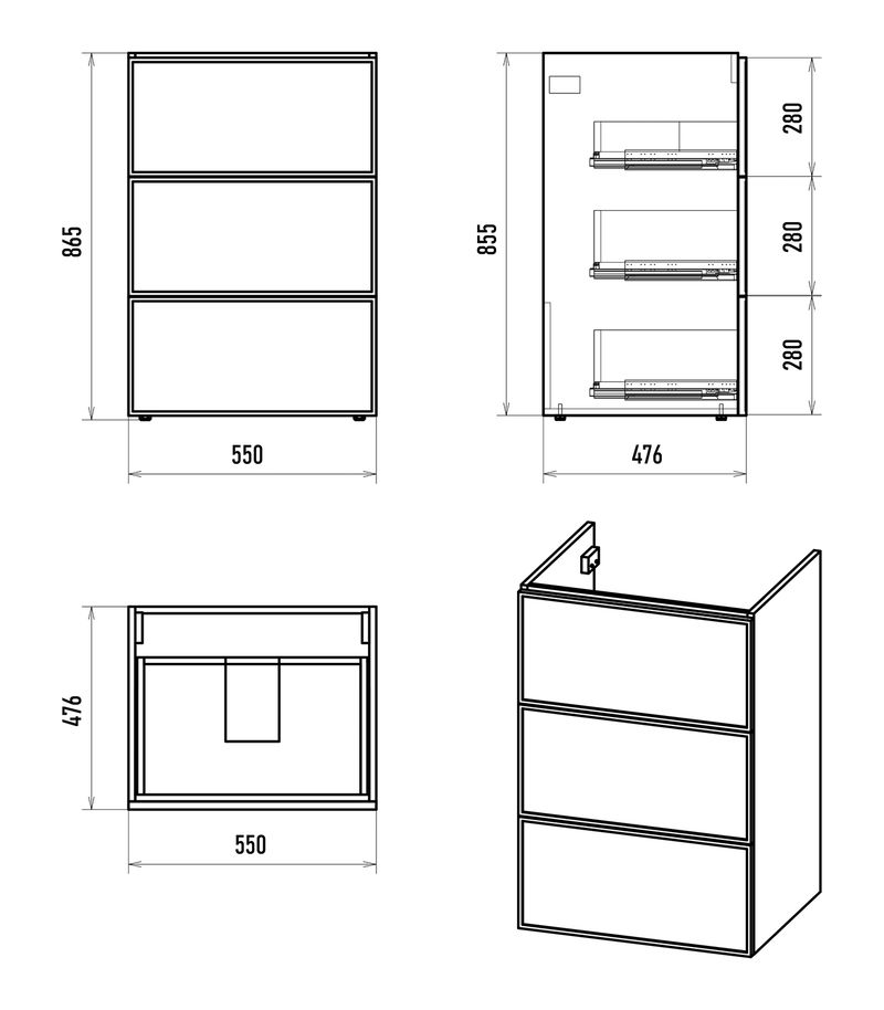 Frame - 55 Тумба напольная, под стиральную машину, 3 ящ., белая матовая эмаль