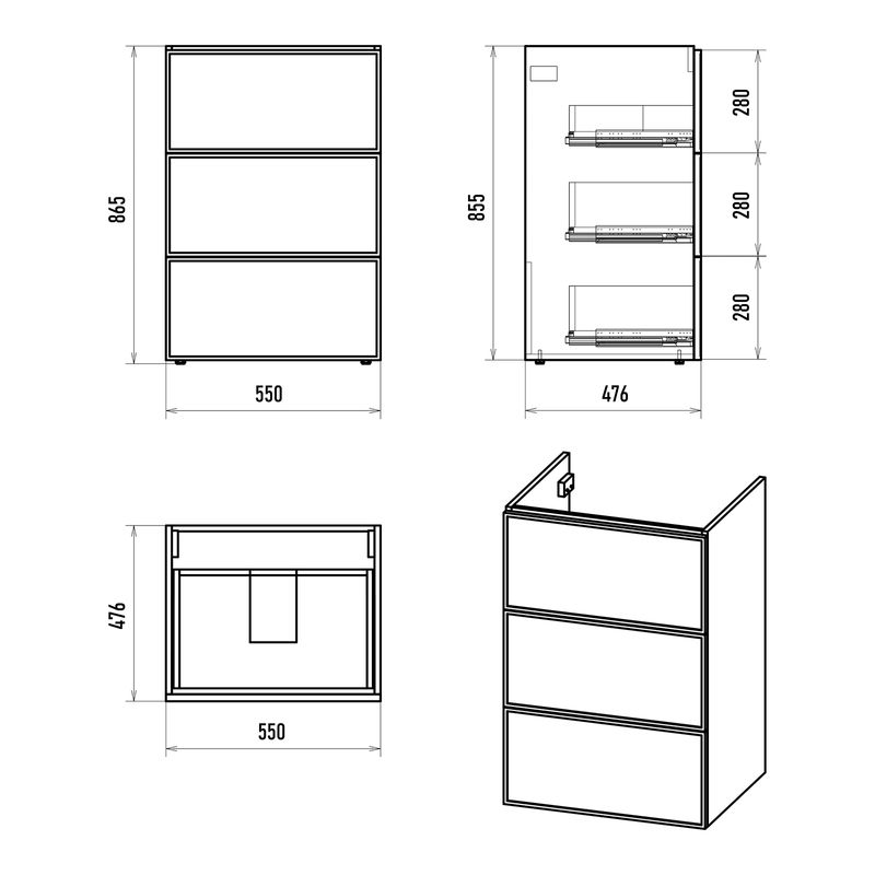 Тумба под раковину Brevita Frame 55 напольная 3 ящ. под стиральную машину / Fra-070155-013Я белая матовая эмаль