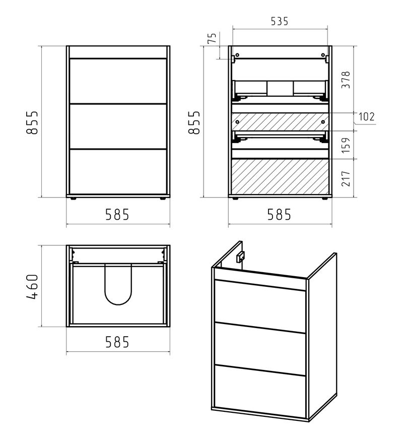 GRAFIT - 60 Тумба напольная 3 ящ. под стиральную машину, графит