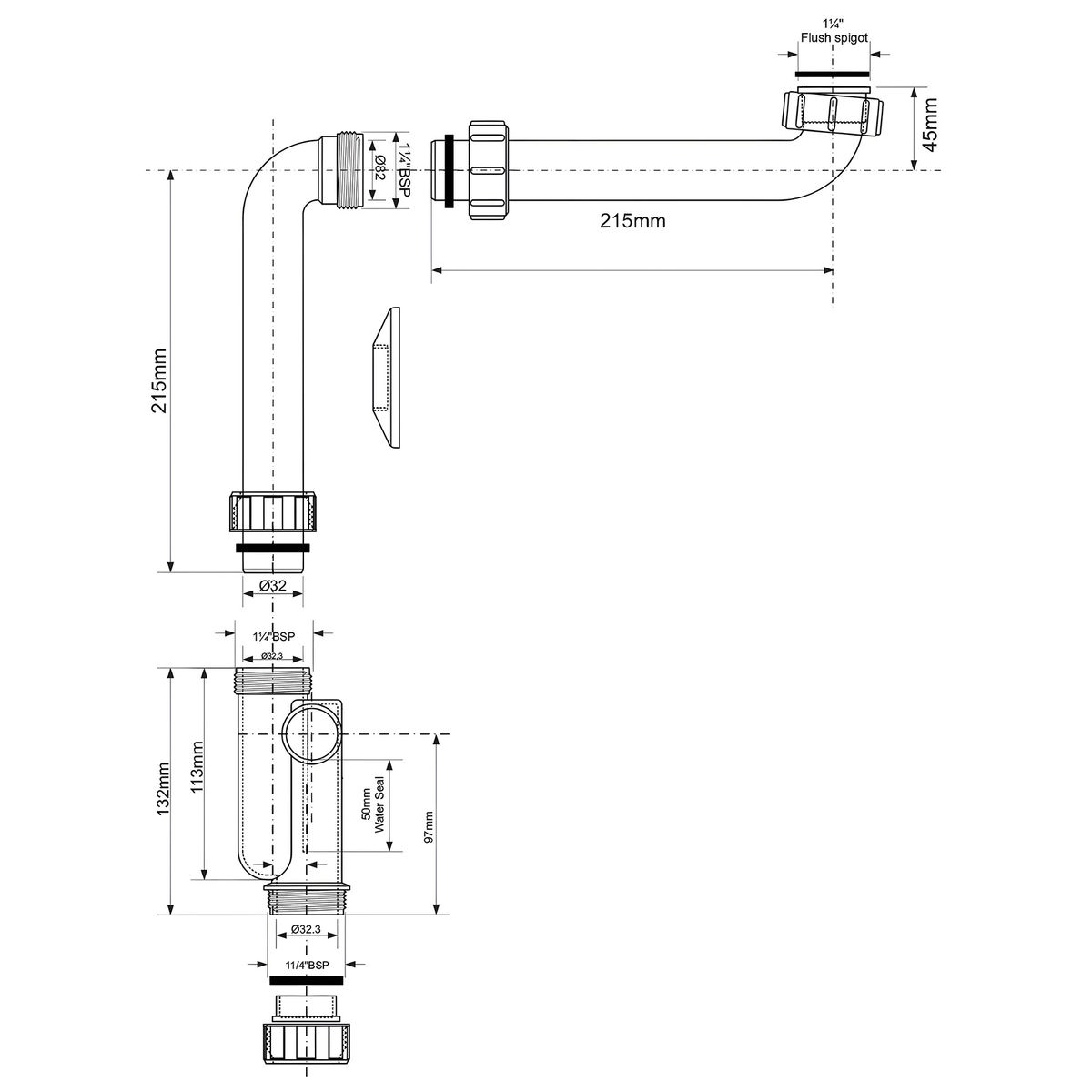 Сифон для умывальника McAlpine HC13SPS-X32PF (1 1/4''х32мм)